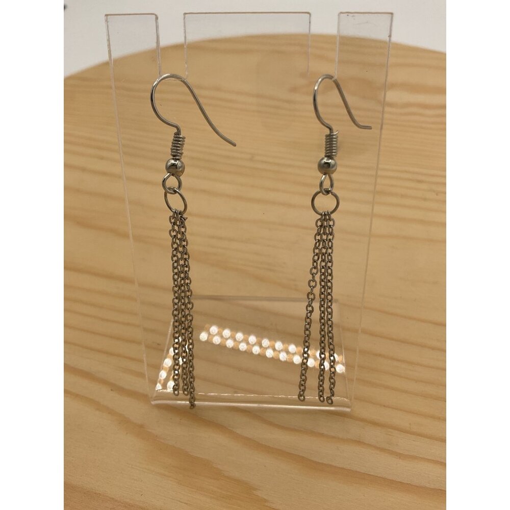 Silver Tone Three Strand Chain Link Dangle Drop Fish Hook Earrings